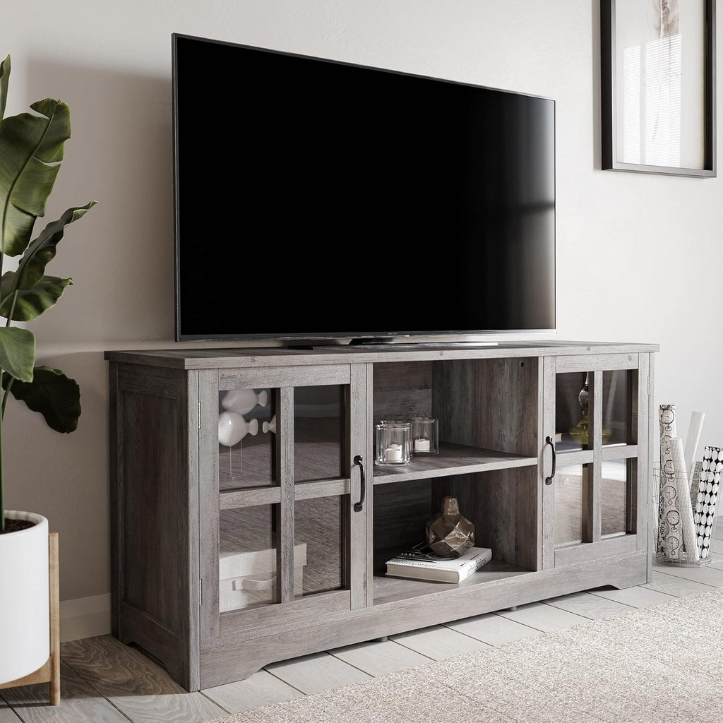 Espresso TV Stand with Wood Glass Storage Cabinets F43284