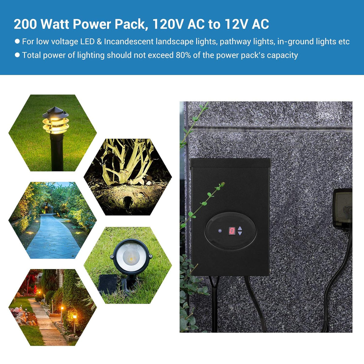 200W Outdoor Low Voltage Transformer with Timer and Photocell Sensor Z956