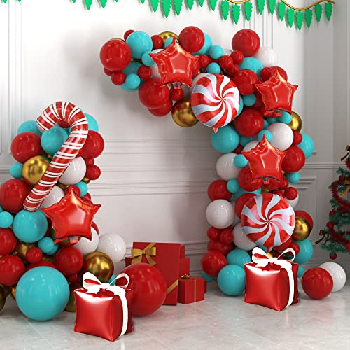 Red and Green Christmas Balloon Arch Kit with Candy Cane and Star Foil Balloons D84144