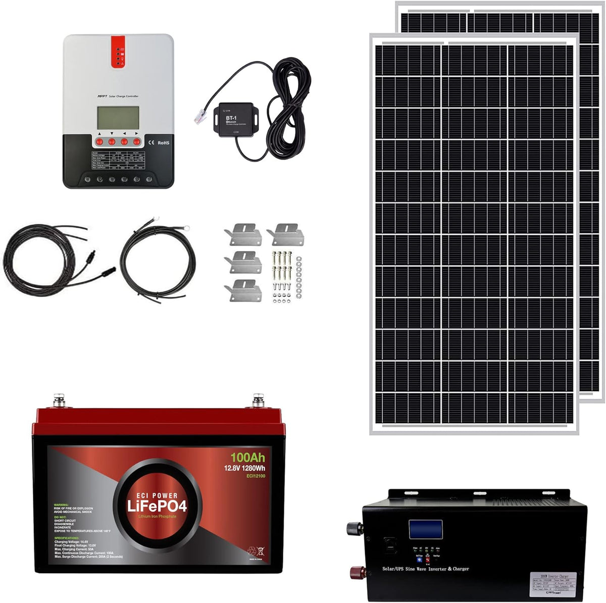 1.3KWH 12V Solar Power System Kit with 300W Mono Solar Panels, 30A MPPT Charge Controller, 2KW Pure Sine Wave Inverter S250031