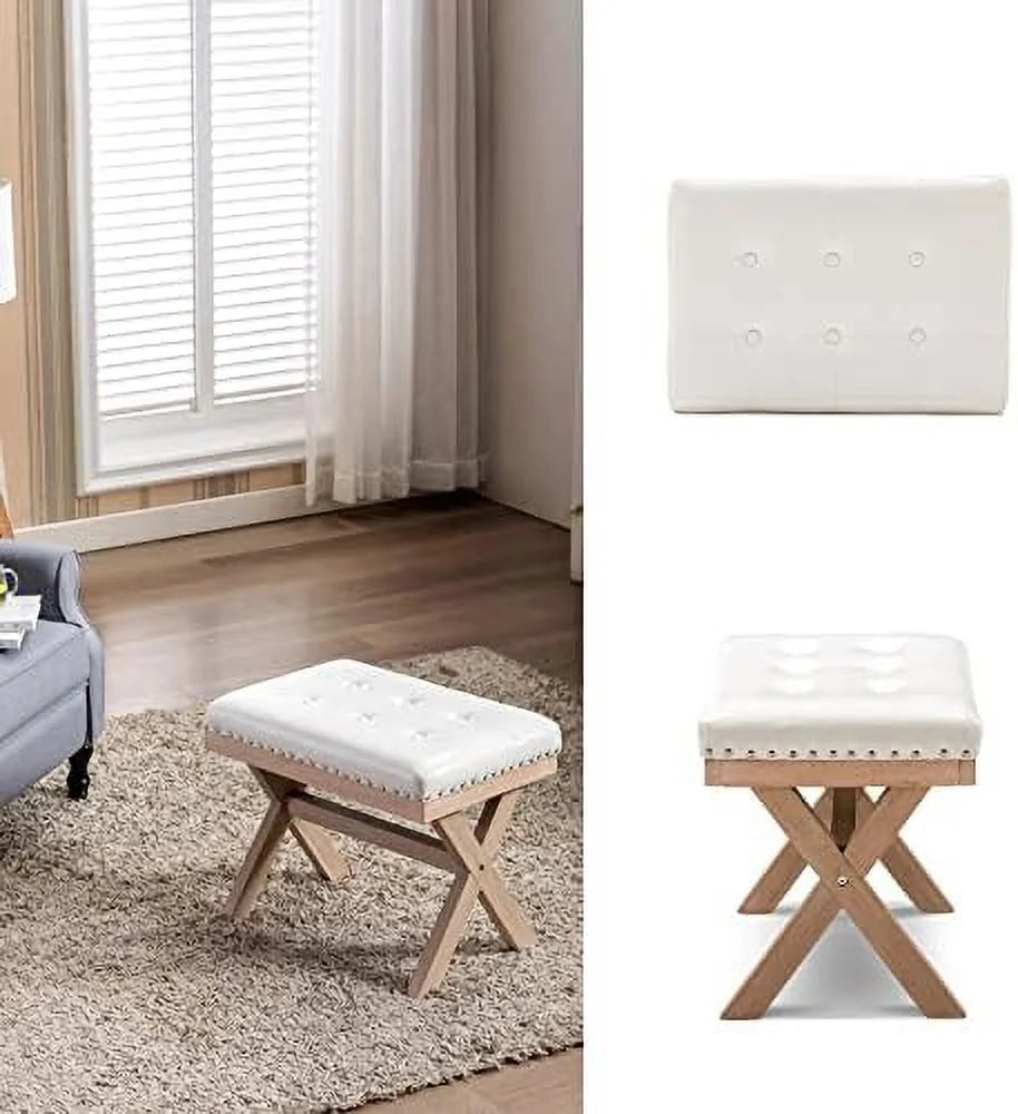 Burlap Linen Fabric Upholstered Bench Ottoman with X-Shaped Wooden Legs B314