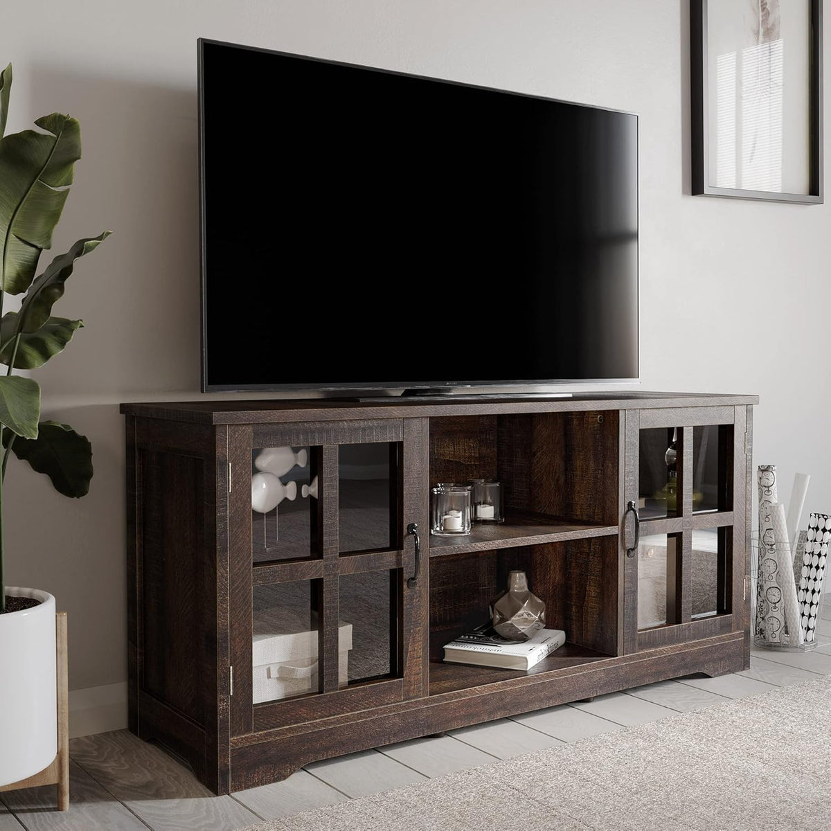 Espresso TV Stand with Wood Glass Storage Cabinets F43284