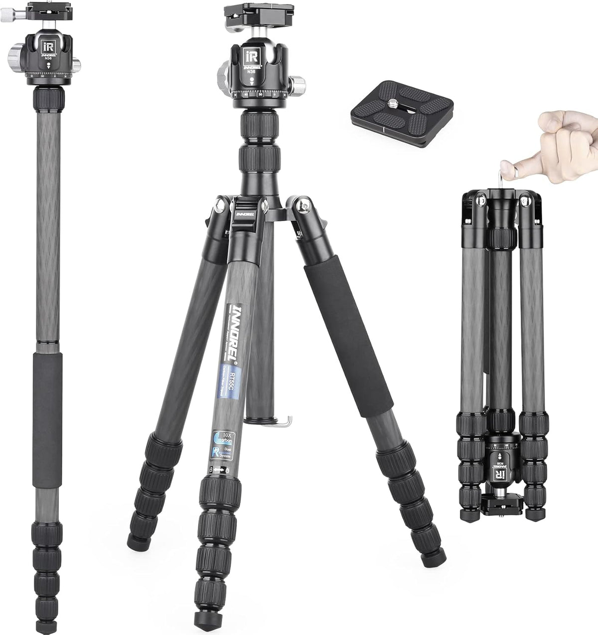 Carbon Fiber Travel Tripod Monopod with 36mm Panoramic Ball Head and Carrying Case P757
