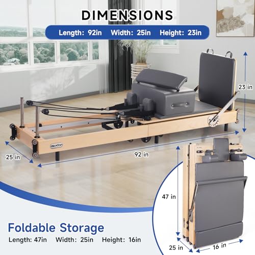 Foldable Wood Pilates Reformer with Sitting Box, Jump Board and Anti-Slip Mat J866