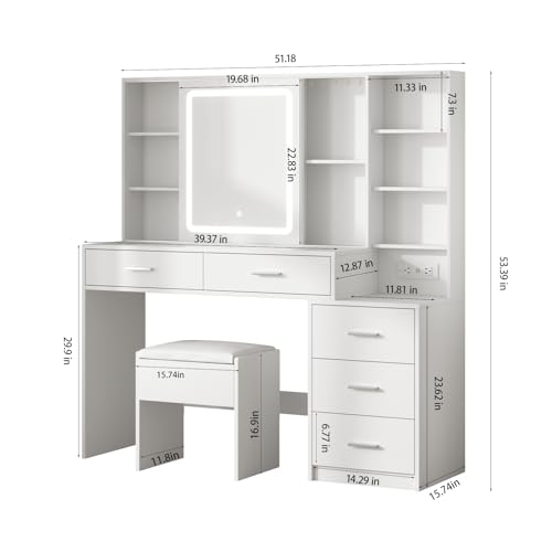 White Vanity Desk with Mirror and Lights 5 Drawers with Chair J548