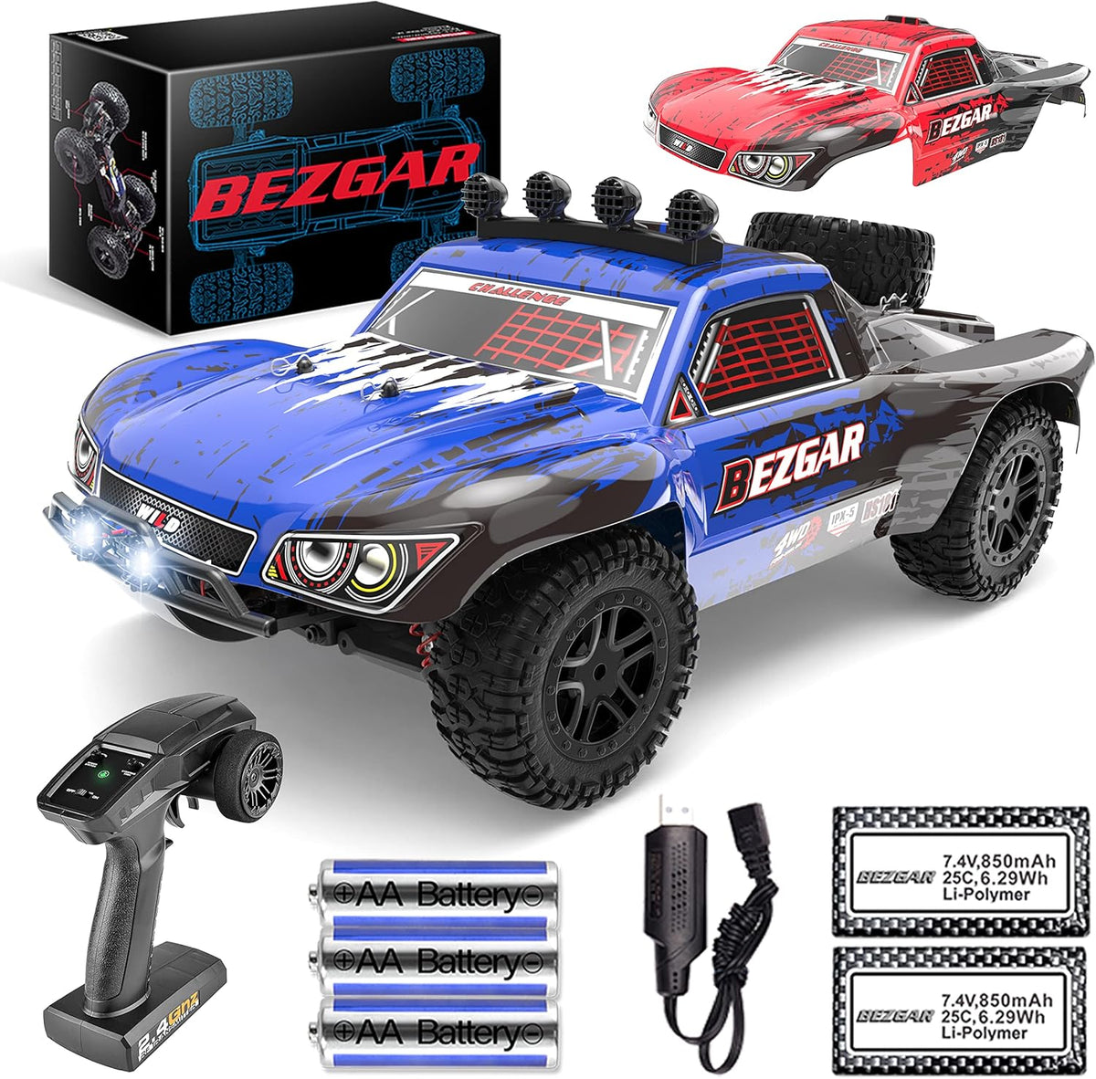 Remote Control Truck 4WD Electric Toy Off Road RC Monster Vehicle Car Crawler with 2 Rechargeable Batteries M89468