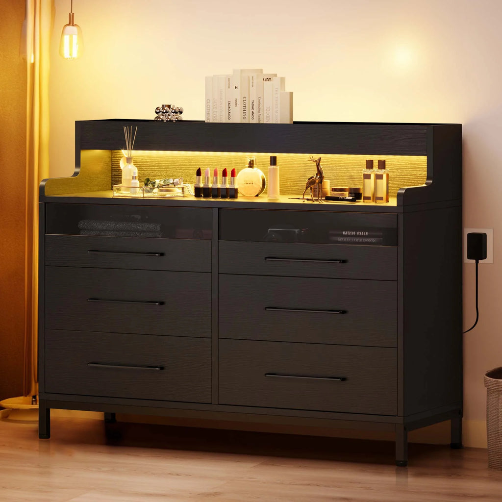 Black 6 Drawer Dresser with LED Light and Open Storage W955974