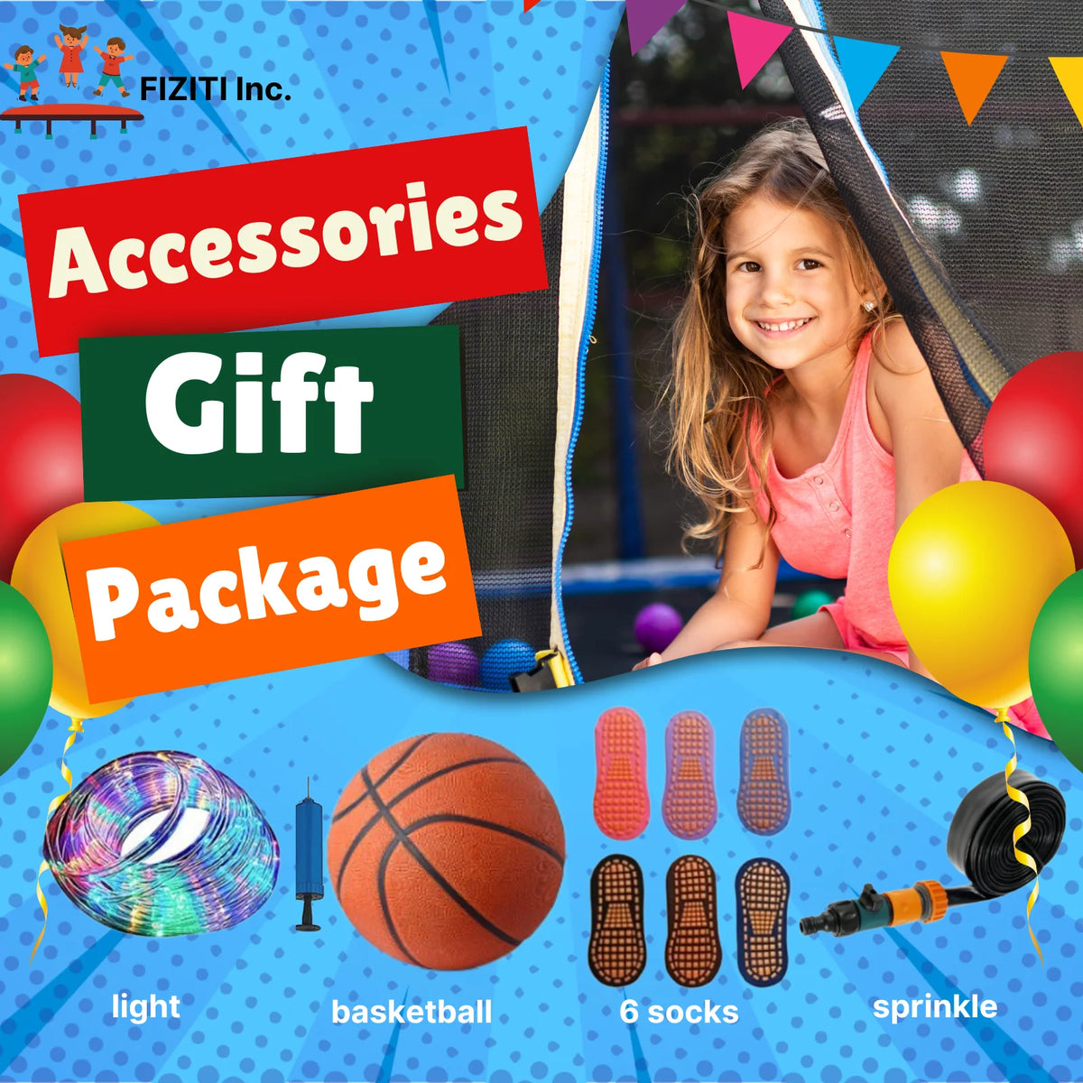 12FT Trampoline with Basketball Hoop, Enclosure Net, Sprinkler, Light, Socks, Ladder W32482
