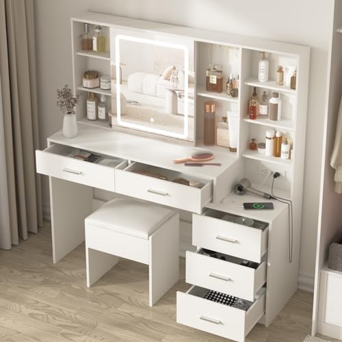 White Vanity Desk with Mirror and Lights 5 Drawers with Chair J548