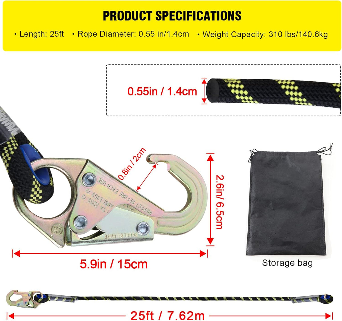 Rope Assembly 25 ft with Rope Grab Snap Hooks Shock Absorber CE Standard W1929