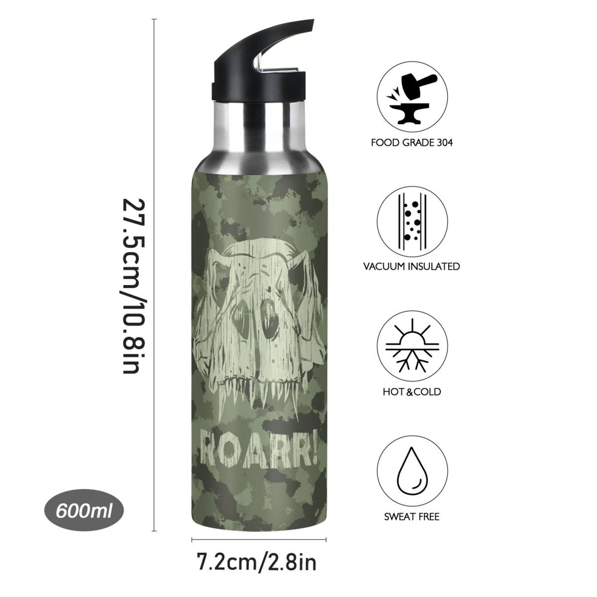Green Camouflage Dinosaurs Stainless Steel Water Bottle with Straw Lid 20 OZ N596067