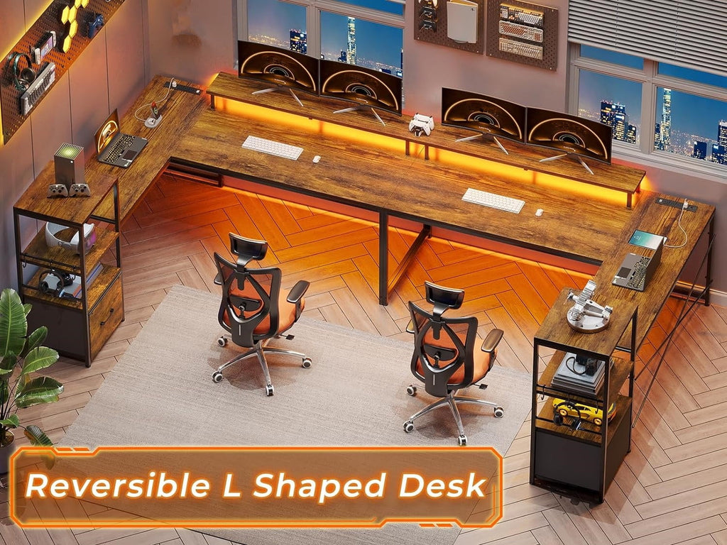 L Shaped Desk with Fabric File Drawer and Power Outlets T930