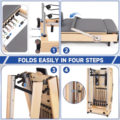 Foldable Wood Pilates Reformer with Sitting Box, Jump Board and Anti-Slip Mat J866