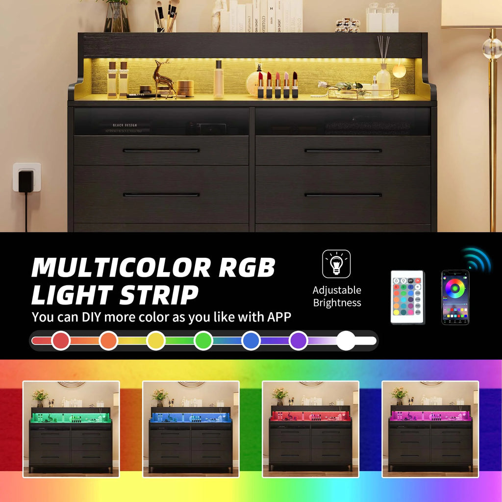 Black 6 Drawer Dresser with LED Light and Open Storage W955974