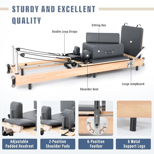 Foldable Wood Pilates Reformer with Sitting Box, Jump Board and Anti-Slip Mat J866