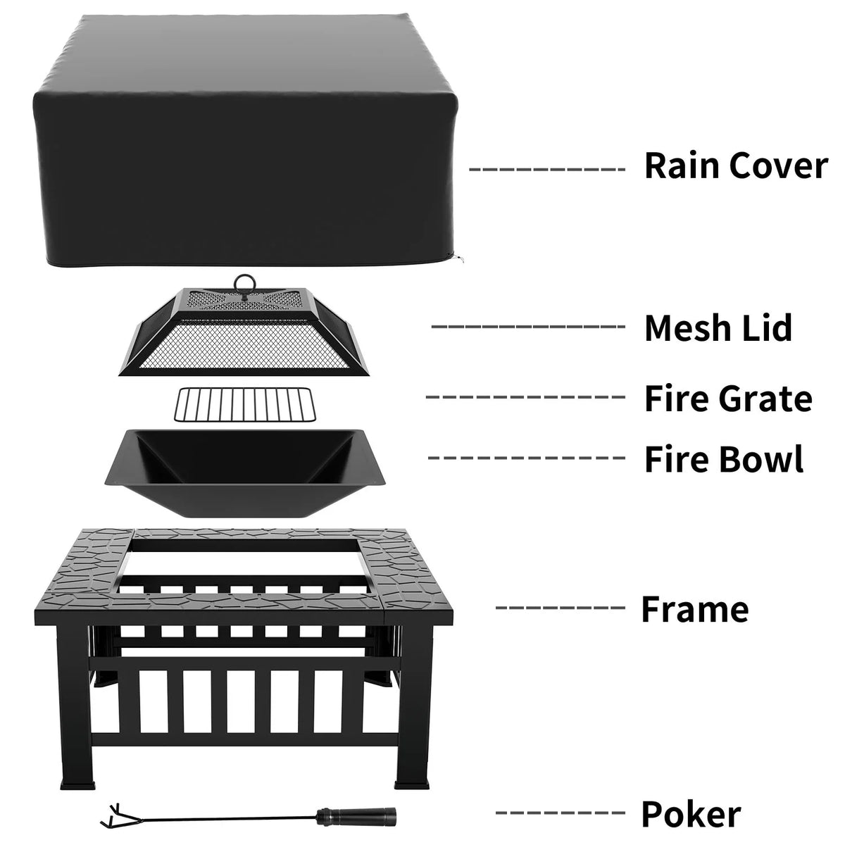 32 Square Metal Fire Pit with Cover and Poker, Black O277