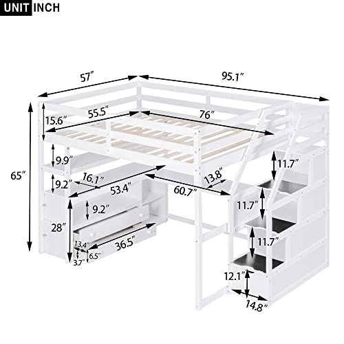 White Solid Wood Twin Loft Bed with Stairs and Desk H25697