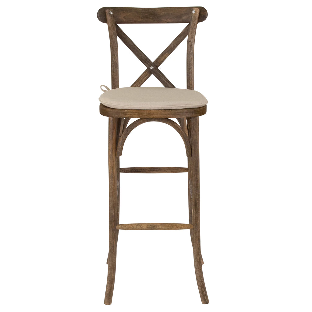 Dark Antique Wood Cross Back Barstool with Cushion J6261