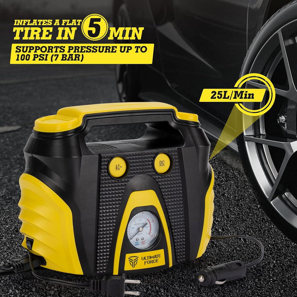 Portable Tire Inflator 12 V Air Compressor Pump with Dual Power, 3 Air Nozzle and Carrying Case, Yellow P99854