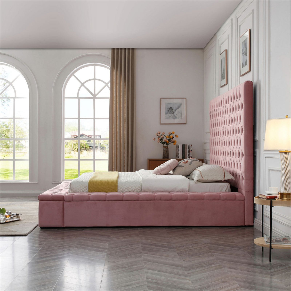 Pink Velvet Upholstered Platform Queen Bed F544742