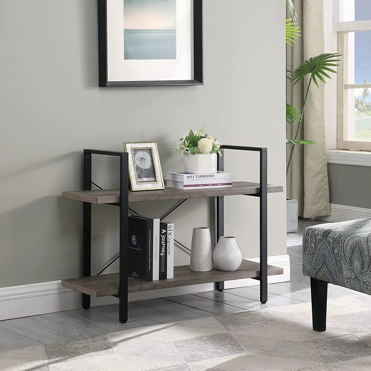 2 Tier Grey Wood and Metal Bookshelf G2581