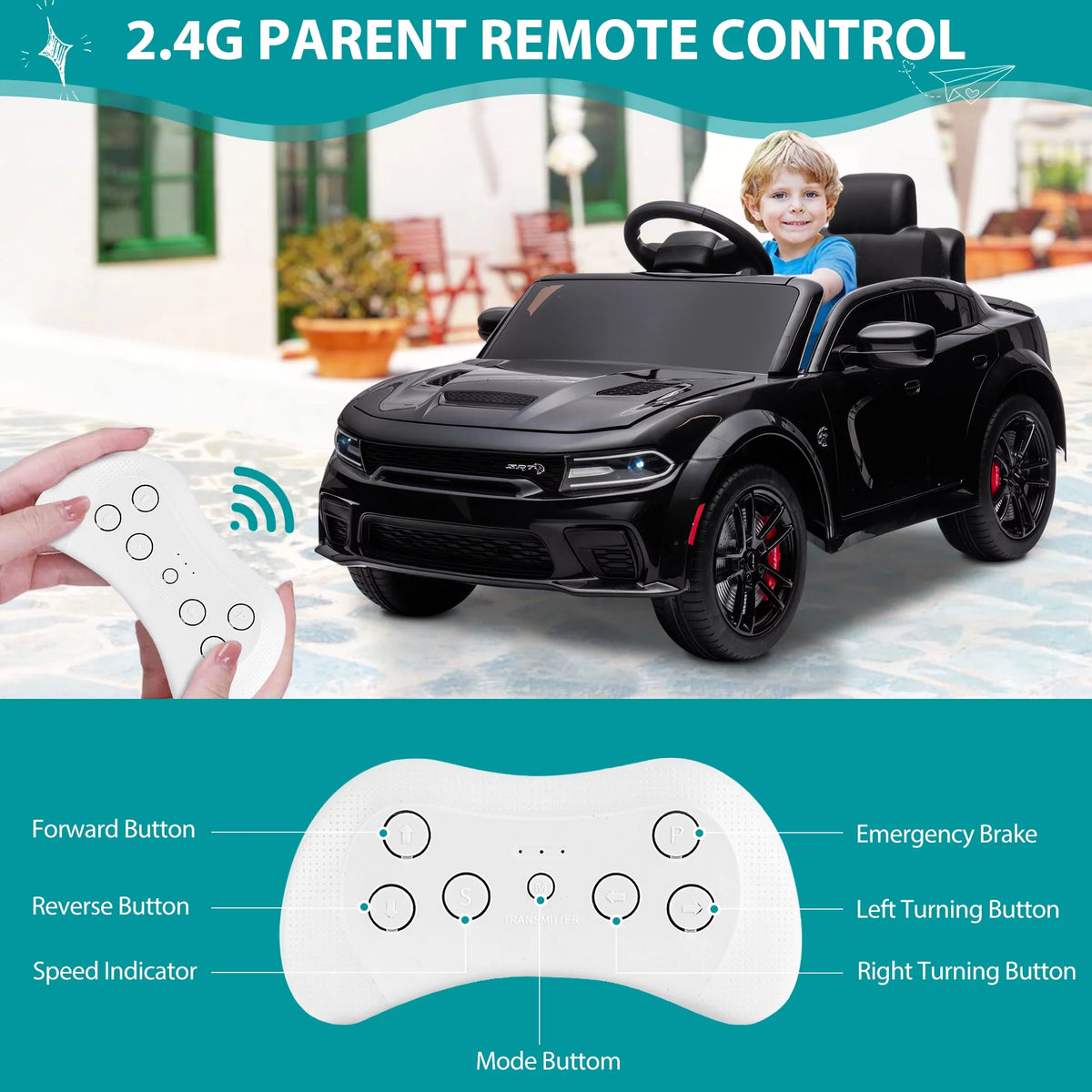 12V Black Dodge Charger Ride On Car with Remote Control L953