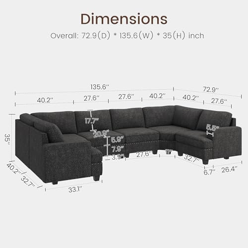 Oversized Modular Sectional Sofa, 135.6 inch, Dark Grey J239