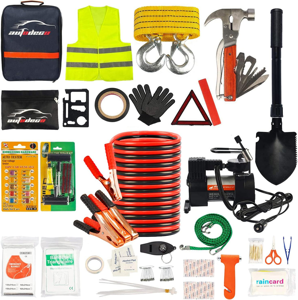 118-Piece Car Roadside Emergency Kit with Jumper Cables Portable Air Compressor Tow Strap Hammer Shovel E23195