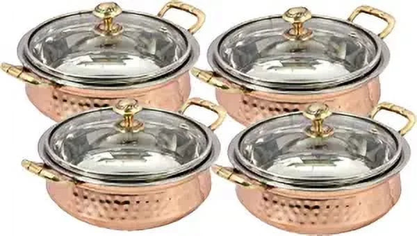 Set of 4 Hammered Copper Stainless Steel Serving Bowl with Glass Lid H34187