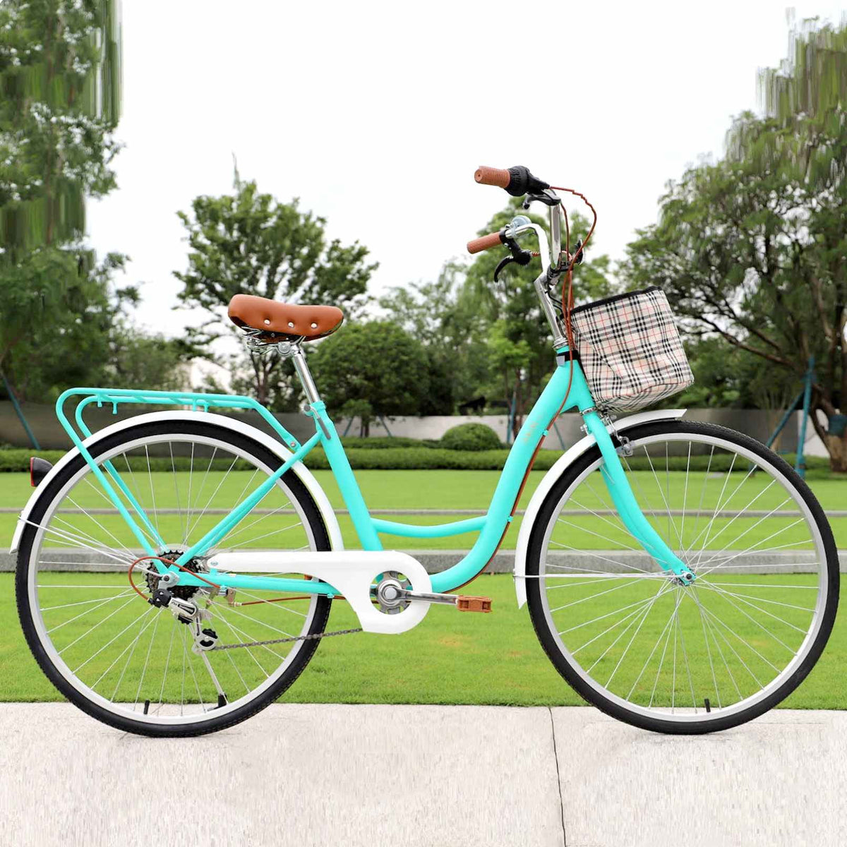 24 Inch 7 Speed Step Through Comfort Cruiser Bike with Basket Mint Green B426