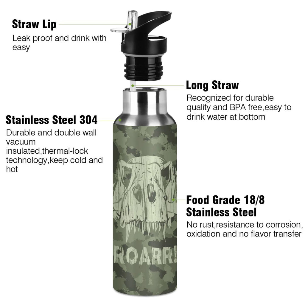 Green Camouflage Dinosaurs Stainless Steel Water Bottle with Straw Lid 20 OZ N596067