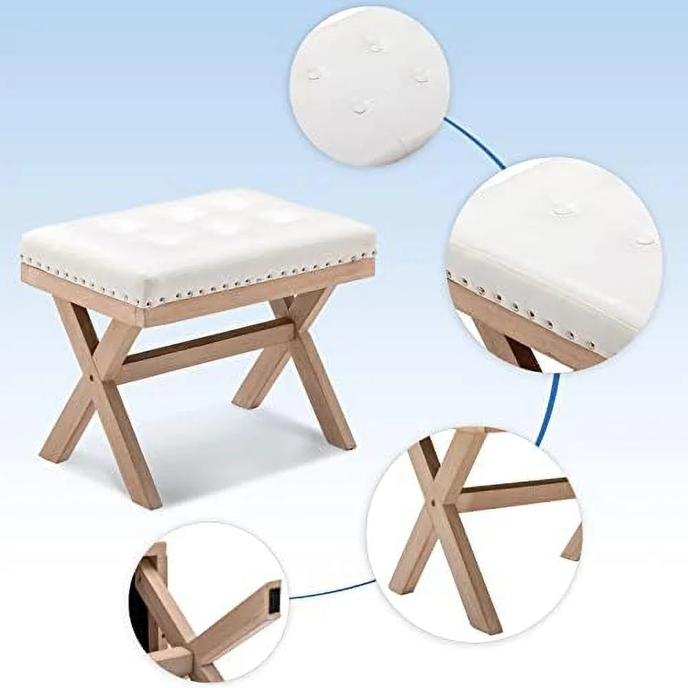 Burlap Linen Fabric Upholstered Bench Ottoman with X-Shaped Wooden Legs B314