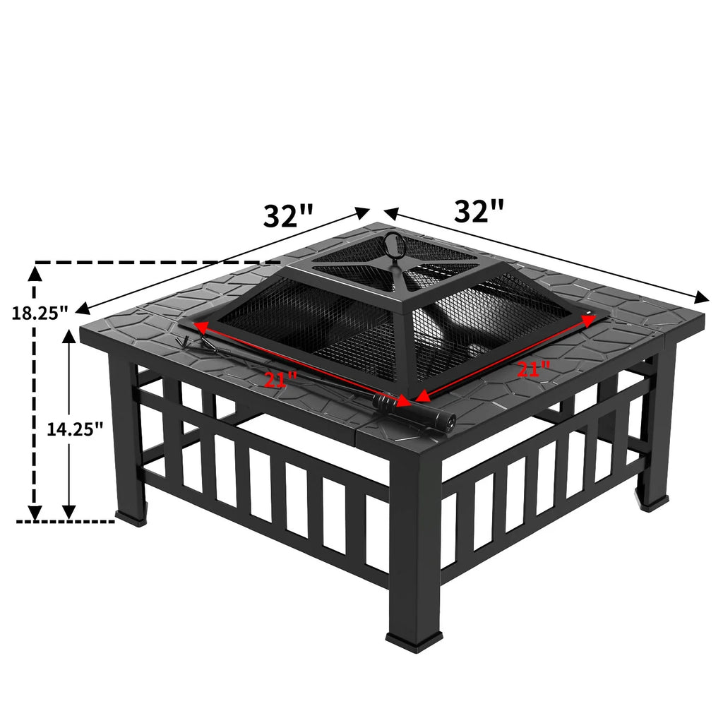 32 Square Metal Fire Pit with Cover and Poker, Black O277