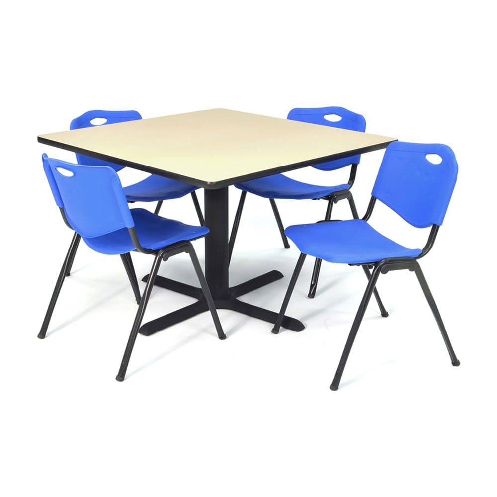 Beige Square Breakroom Table with 4 Blue Stack Chairs Q45059