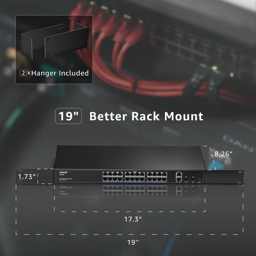 28-Port Gigabit PoE Switch with 24 x PoE 400W, 2 x Uplink Gigabit Ports, 2 x 1G SFP Slots, Rackmount or Desktop, Unmanaged J7007