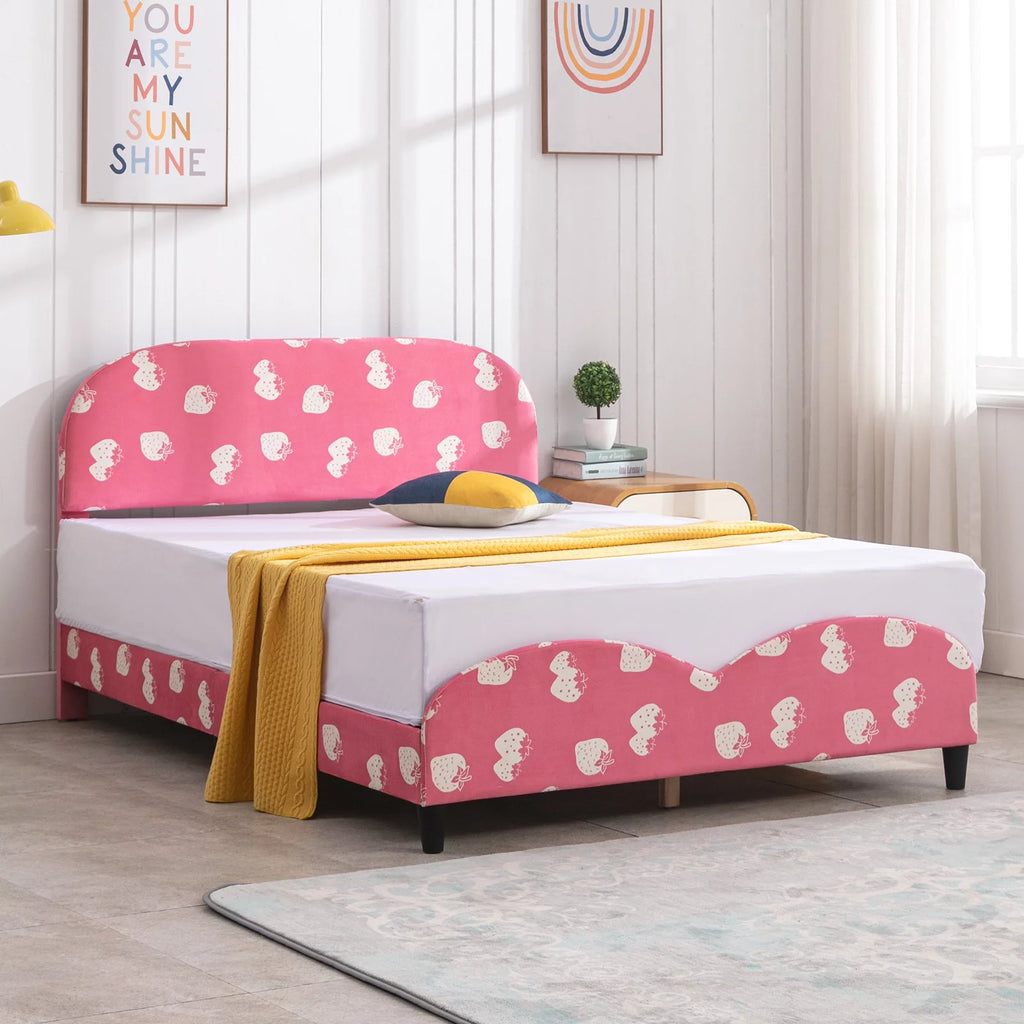 Pink Kids Twin Bed Frame with Upholstered Headboard and Footboard I74433