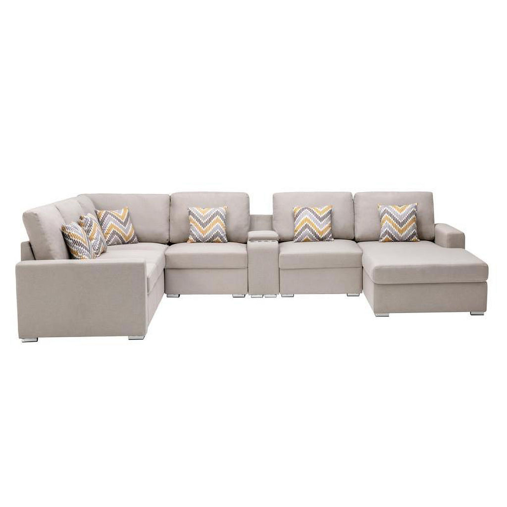 Beige Fabric Reversible Sectional with Charging Port and Storage Console Q29895