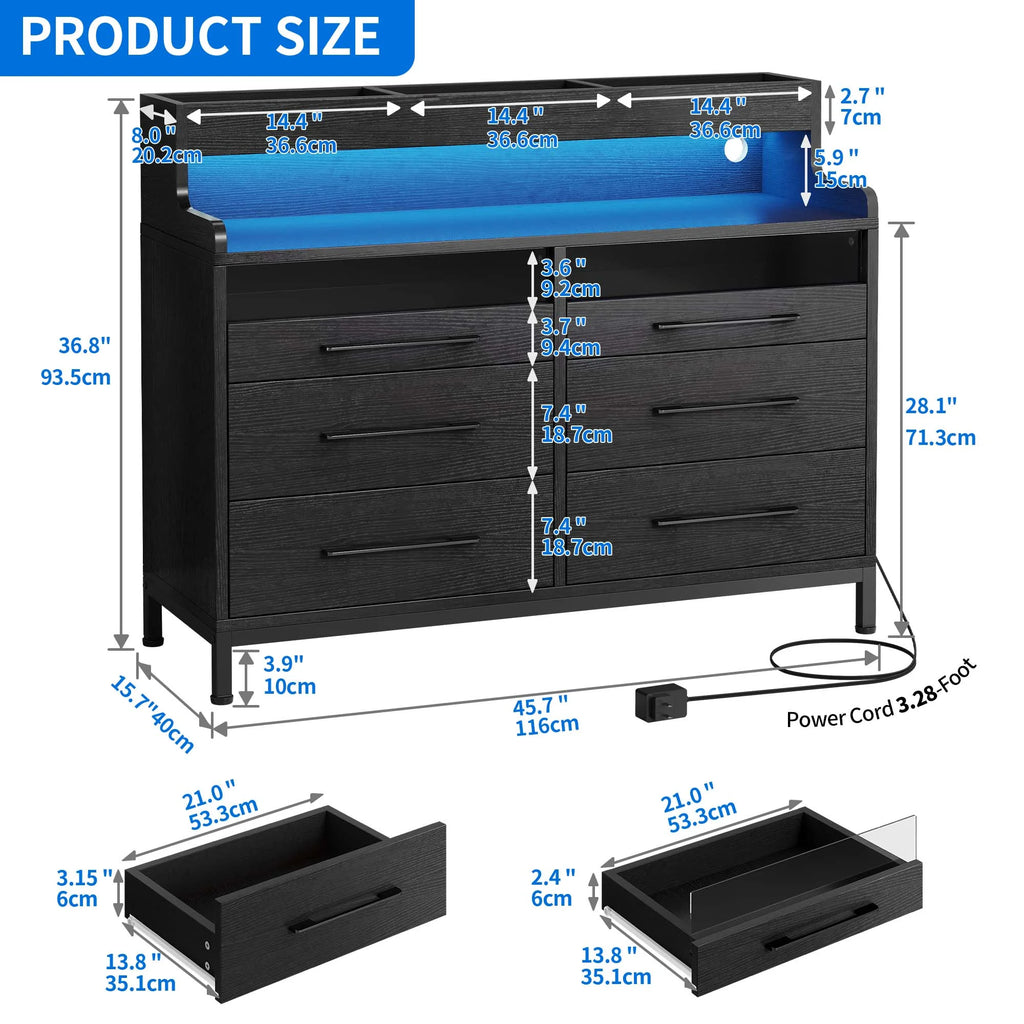Black 6 Drawer Dresser with LED Light and Open Storage W955974