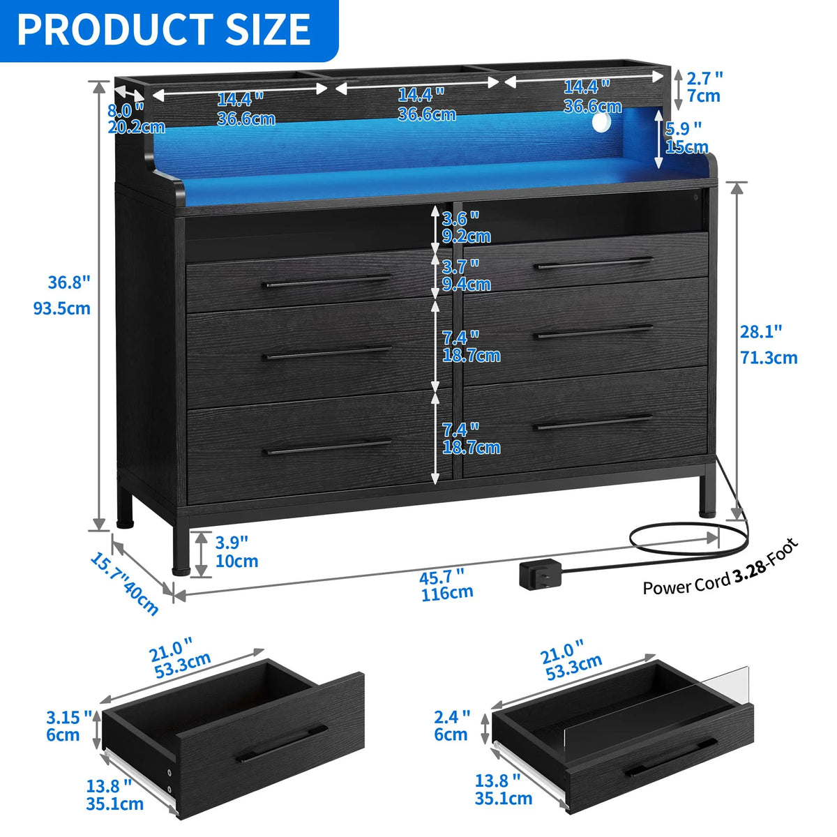 Black 6 Drawer Dresser with LED Light and Open Storage W955974