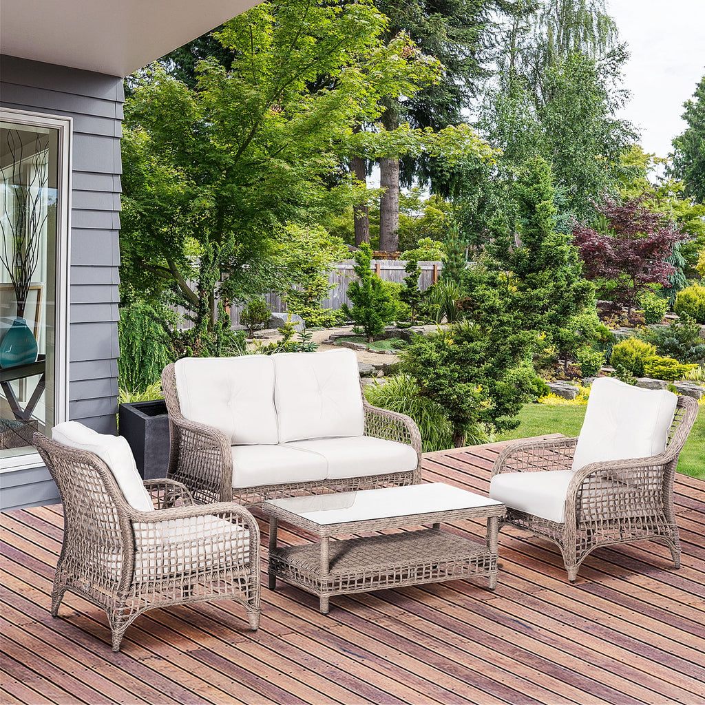 4pc Outdoor Patio Furniture Set with Rattan Chairs, Wicker Loveseat Sofa, Coffee Table and Cushions Q7681