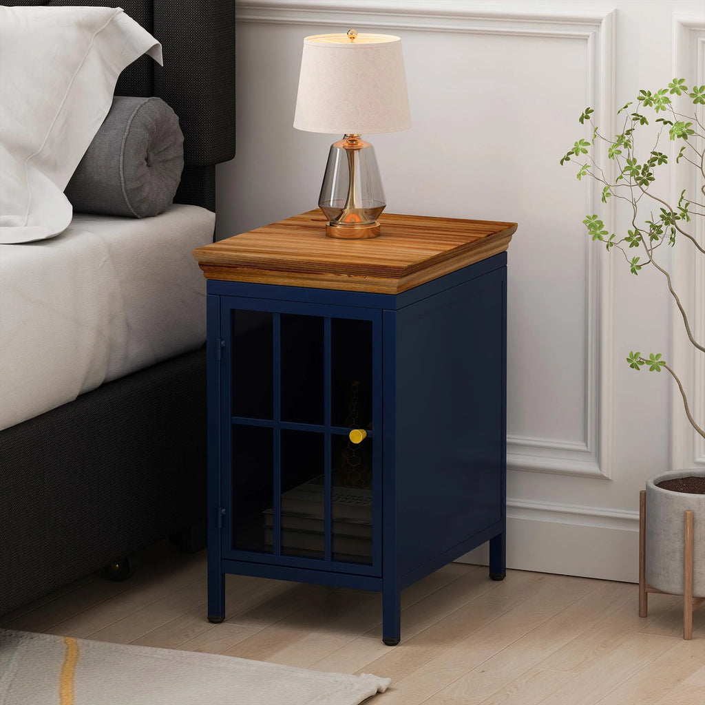 Nightstand with Storage Cabinet & Solid Wood Tabletop, Dark Blue U24276