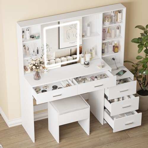 White Vanity Desk with Mirror and Lights 5 Drawers with Chair J548