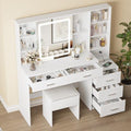 White Vanity Desk with Mirror and Lights 5 Drawers with Chair J548