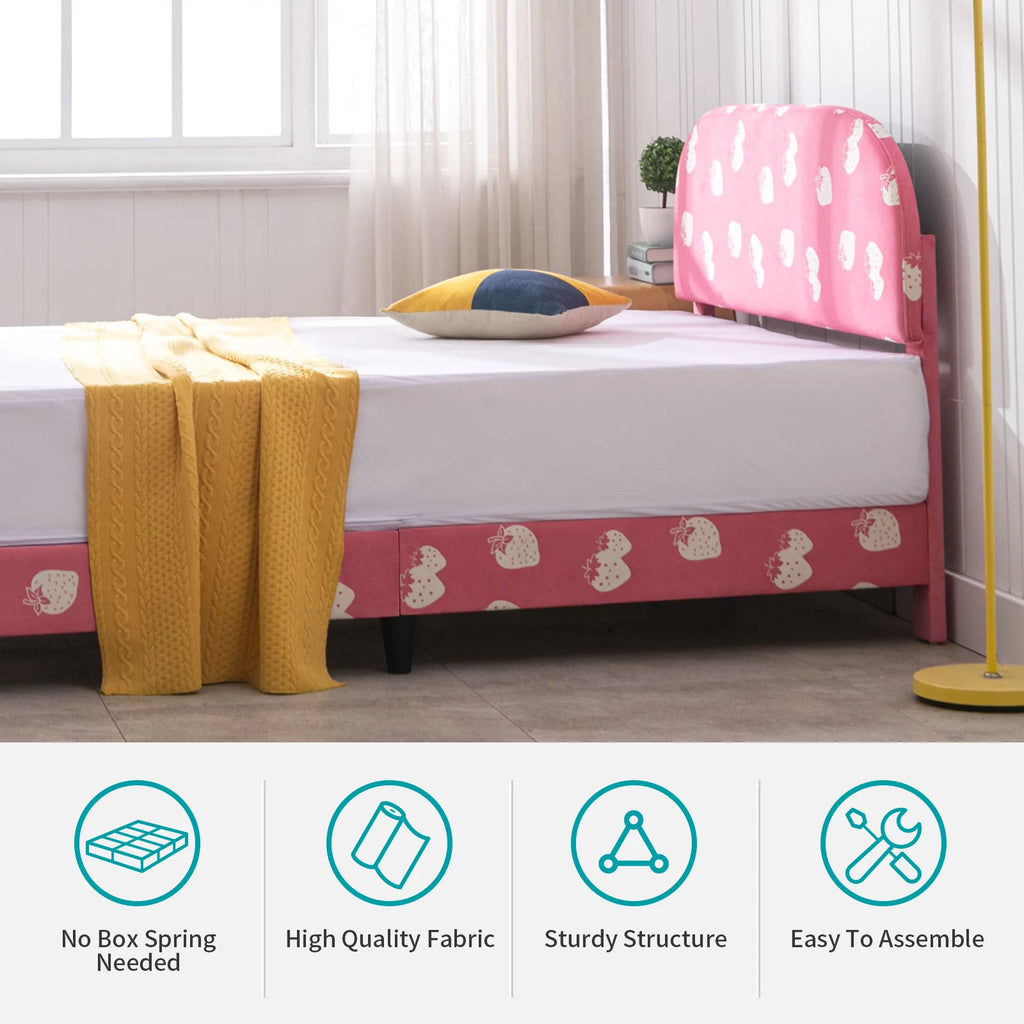 Pink Kids Twin Bed Frame with Upholstered Headboard and Footboard I74433