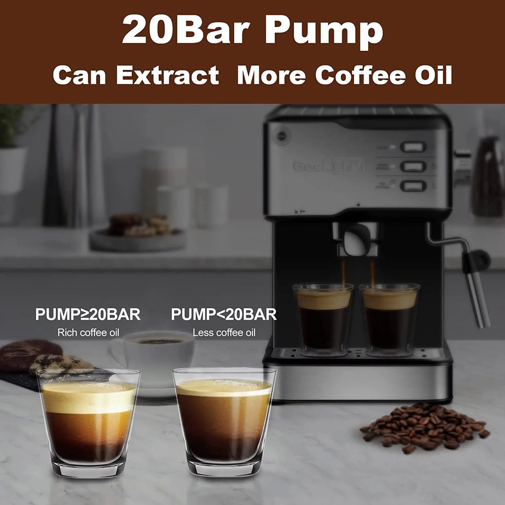 Black 20 Bar Espresso Coffee Machine with Milk Frother Steam Wand, 1.5L Water Tank P171