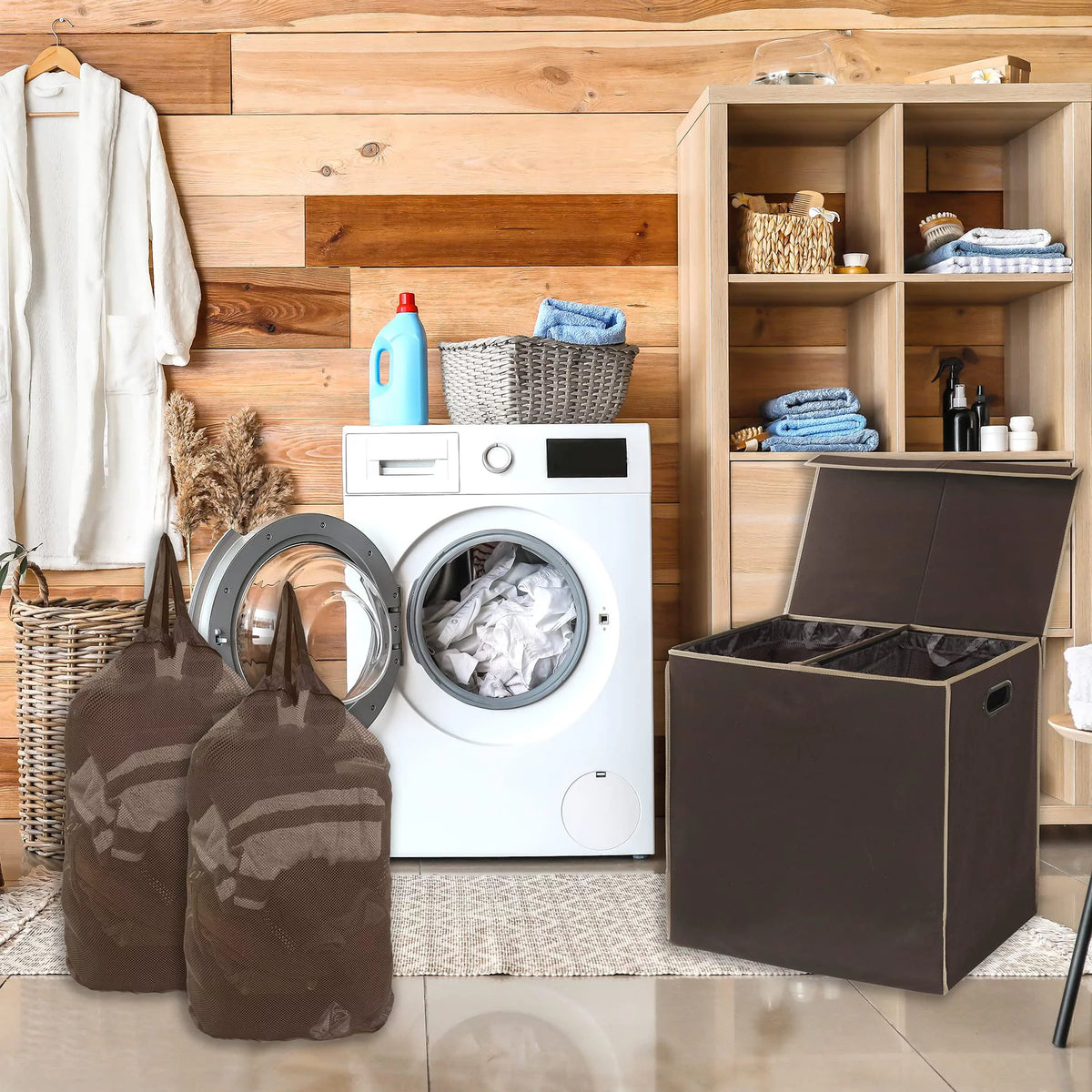 Brown Double Laundry Hamper with Lid and Removable Bags D610419