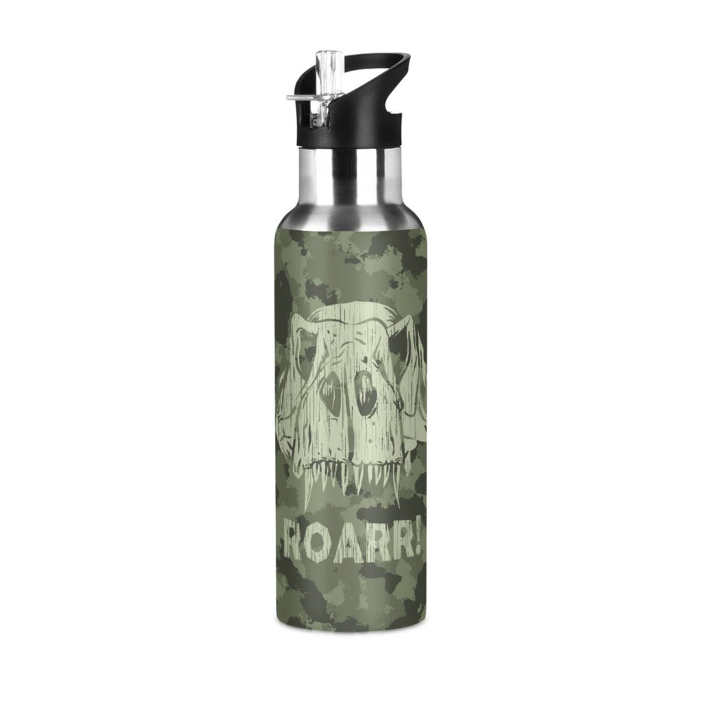 Green Camouflage Dinosaurs Stainless Steel Water Bottle with Straw Lid 20 OZ N596067