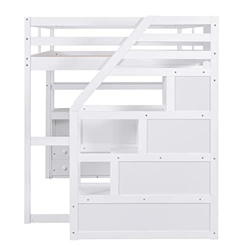 White Solid Wood Twin Loft Bed with Stairs and Desk H25697
