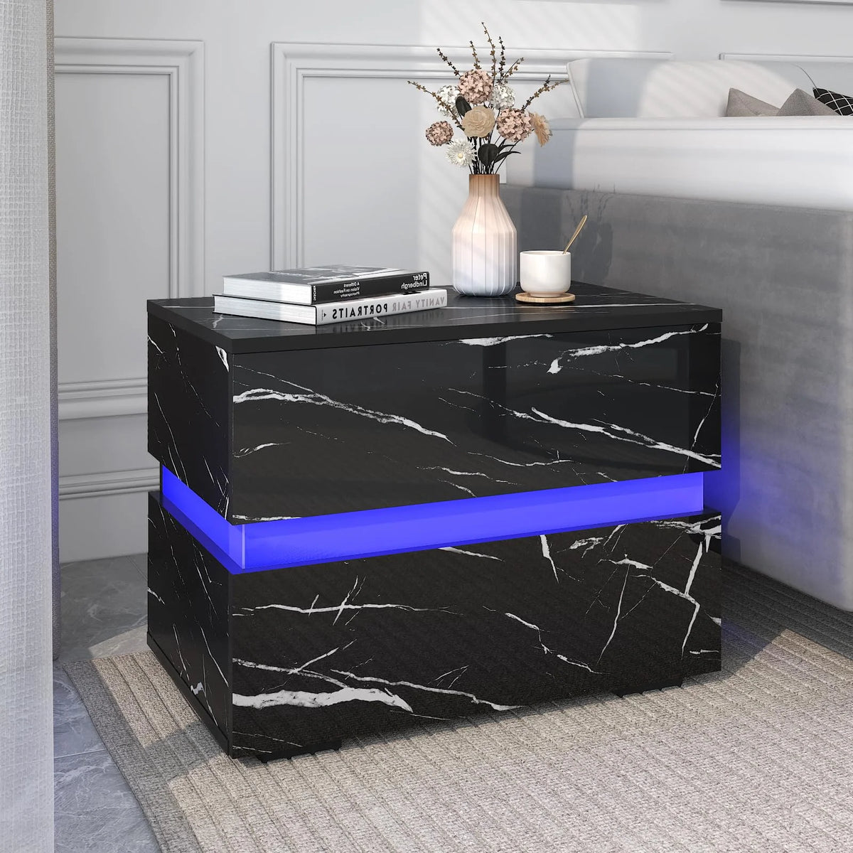 Black High Gloss LED Nightstand Set of 2 with 2 Drawers B65252