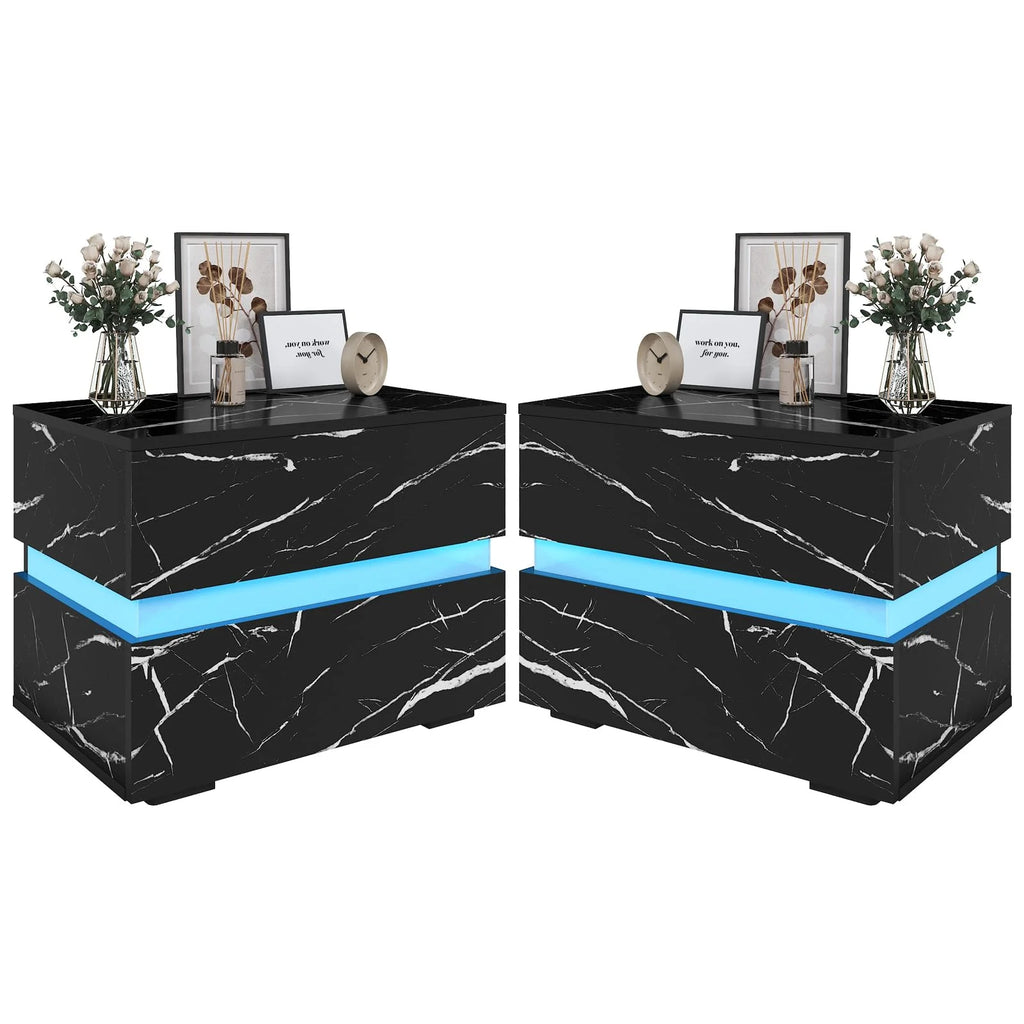 Black High Gloss LED Nightstand Set of 2 with 2 Drawers B65252